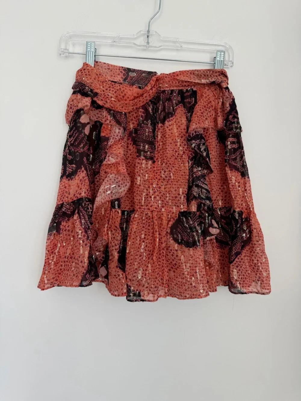 Ulla Johnson 4 Zea Silk Skirt Pink Coral Floral Tiered Waist Tie